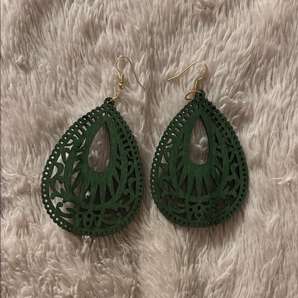 Forest Green Wooden Teardrop Earrings